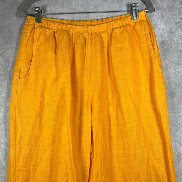 Flax Pants Womens Small Yellow Linen Cropped Pull On Lagenlook Travel Vacation - Picture 2 of 11